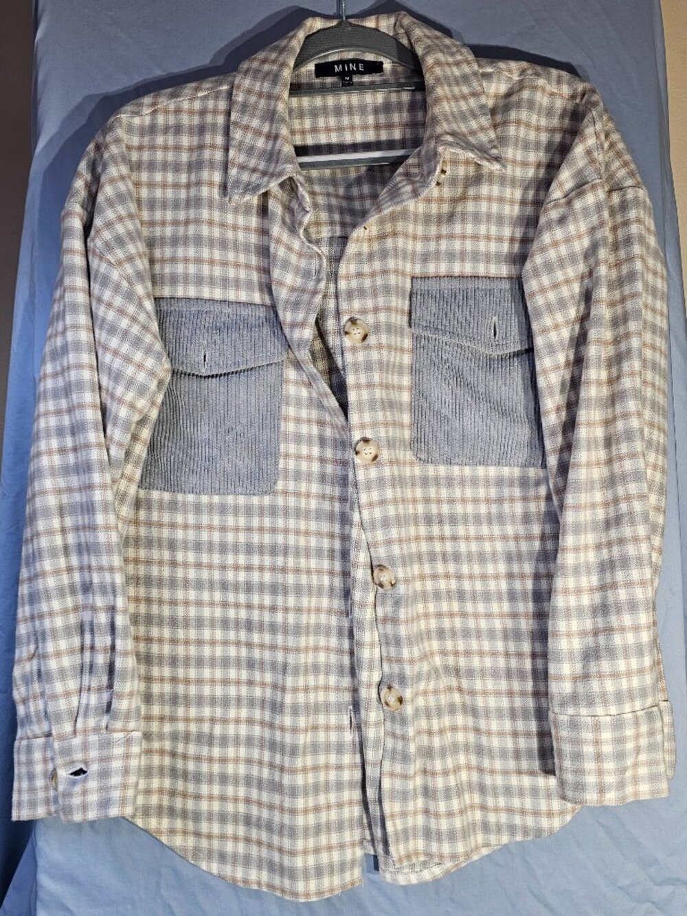 MINE Plaid Button-Down Shirt / Shacket with Corduroy Chest Pockets – Size Medium